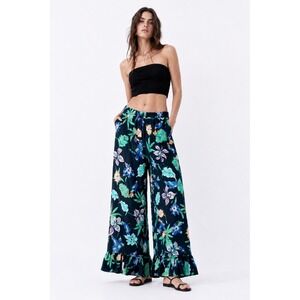 Zara Woman Tropical Bird Floral Print Ruffle Hem Wide Leg Pants S‎ Flowy Palazzo